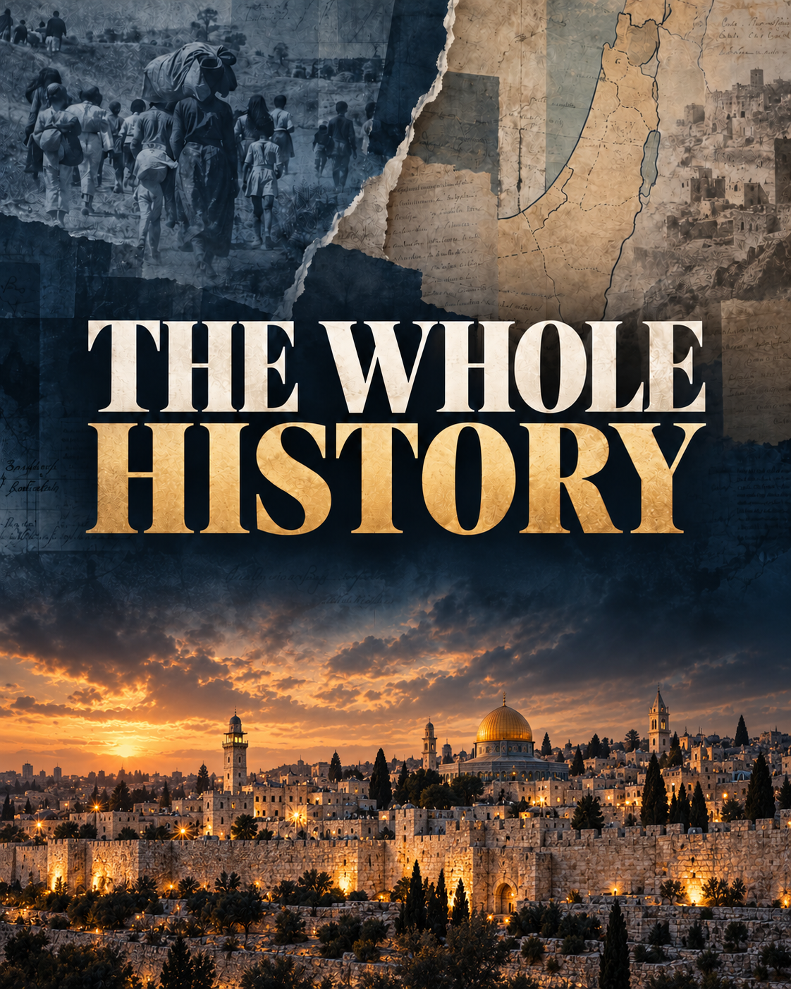 The Whole History, an archival collage of historical photographs, maps, documents and Jerusalem's Old City at dusk.